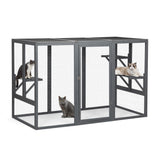COZIVVOVV Outdoor Cat Enclosures, Weatherproof Catio for Cats, Large Cat Cage with 3 Platforms and Litter Box, Wooden Cat Crates for Indoor Cats & Cat House, Grey COZIVVOVV