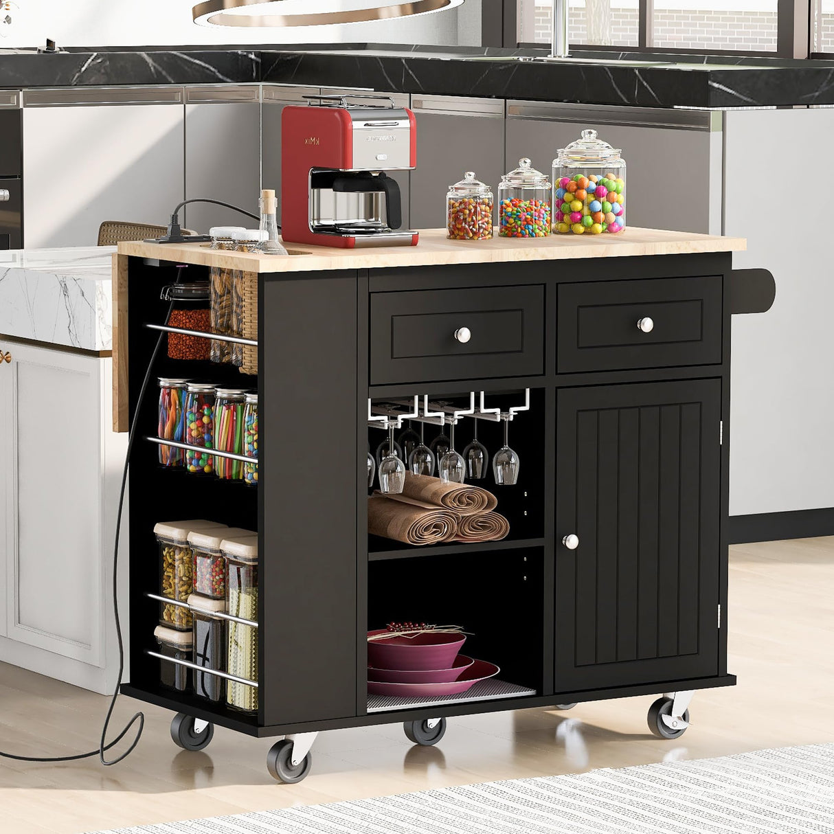 LUMISOL Kitchen Island Cart on Wheels with Power Outlet, Rolling Kitchen Cart with Drop Leaf and Wine Rack, for Kitchen Living Room, Black LUMISOL