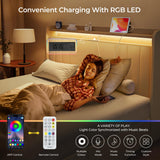 koorlian Queen Size Upholstered Bed Frame with 4 Storage Drawers and 51'' Tall Headboard Wingback Platform Bed Frames with RGB LED & USB Charging, 3 Adjustable Height, Noise-Free/Metal Support, Beige koorlian