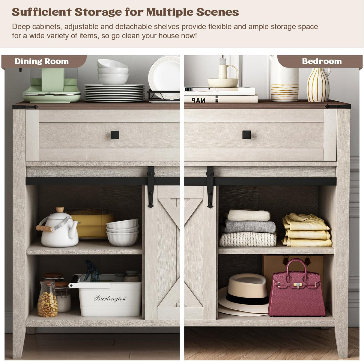 GlouMod Farmhouse Dresser for Bedroom, Sliding Barn Door Dresser with 4 Drawers Dresser Wood, White Dresser & Chest of Drawers, Kids Dresser TV Stand 47" GlouMod