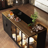 AGOTENI 77.6" W Large Kitchen Island with Storage & 3-Color Light, Island Table with Glass Doors, Adjustable Shelf and Drawers for Kitchen Dining Room, Black & Brown Wood Grain AGOTENI