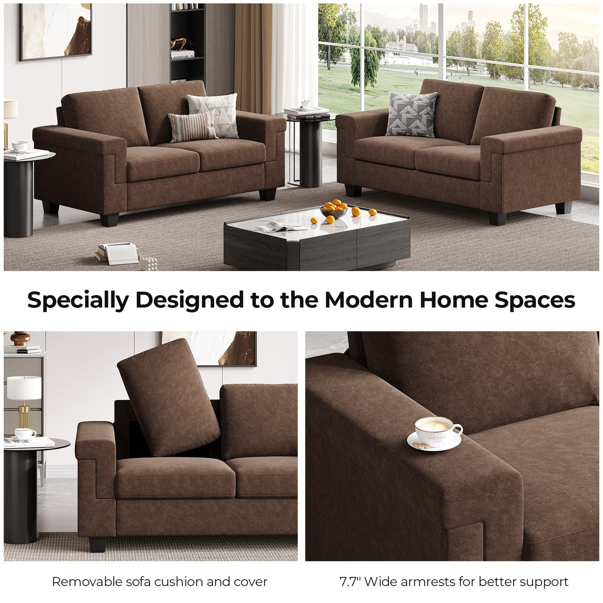 COPIAE 2 Seater Sofa Couch with Deep Seat, 64" Modern Upholstered Loveseat Sofa with Armrests, Easy Installation, Comfy Couches for Living Room, Apartment,Dark Brown COPIAE
