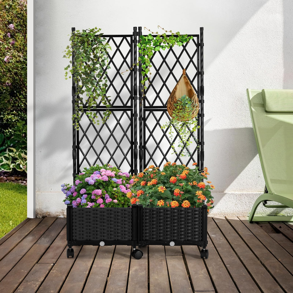 FOLLOOK Planter Box with Trellis, 4ft Tall Self-Watering Plastic Raised Garden Beds and Lattice Trellis with Lockable Wheels & Drain Plug for Outdoor Patio Backyard Balcony, Black, 2 Pcs FOLLOOK
