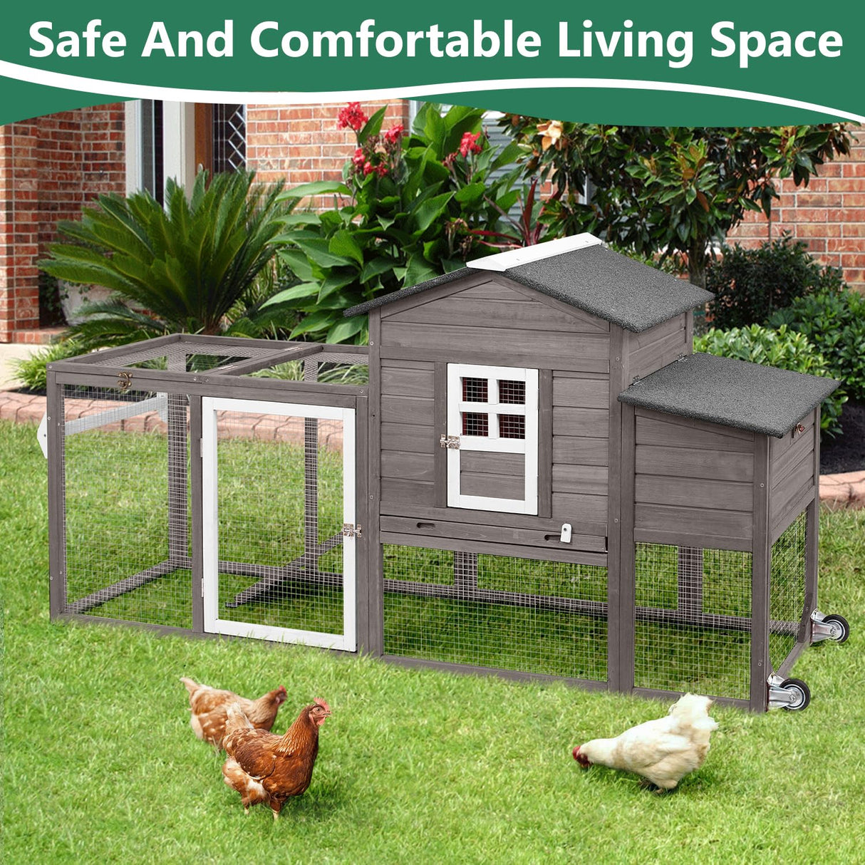 Magazoopet 79" L Chicken Coop with Run, Mobile Chicken Hen House with Wheels, Nesting Boxes, Indoor Outdoor Rabbit Hutch, Poultry Cage for Chickens Ducks Bunny with Removable Tray, Ramp (Grey) Magazoopet