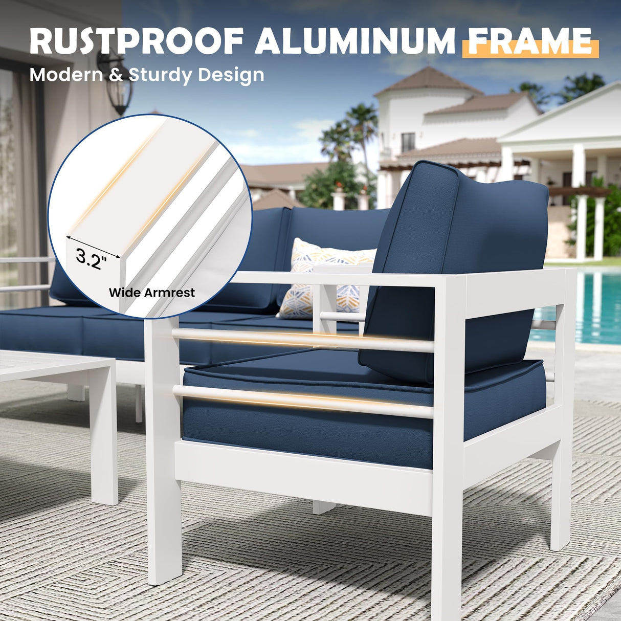 Amopatio Aluminum Patio Furniture Set, 6 Pieces Metal Outdoor Patio Furniture Sets, Outdoor Sectional Modern Sofa Couch with Coffee Table for Pool, Garden, White&Blue (Included Waterproof Covers) Amopatio