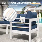 Amopatio Aluminum Patio Furniture Set, 6 Pieces Metal Outdoor Patio Furniture Sets, Outdoor Sectional Modern Sofa Couch with Coffee Table for Pool, Garden, White&Blue (Included Waterproof Covers) Amopatio