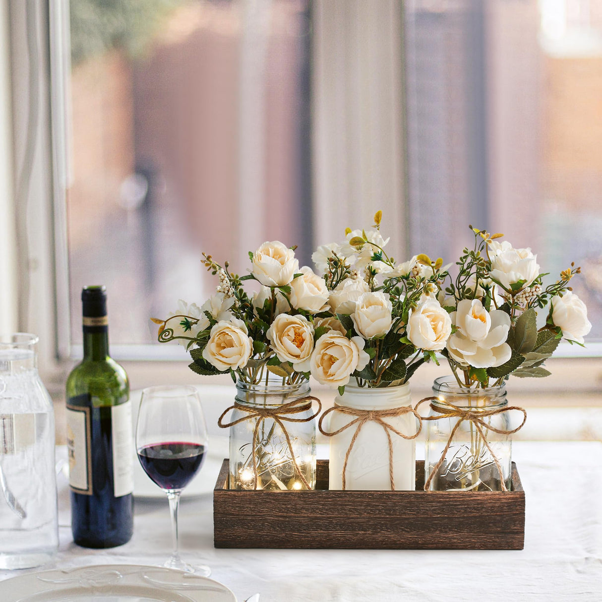 DUOER 3 Pcs Mason Jar Centerpiece Table Decorations for Dining Table Decor Farmhouse Coffee Table Decor with Wood Tray and Led Light Table Centerpieces for Dining room Kitchen Living Bathroom,White DUOER