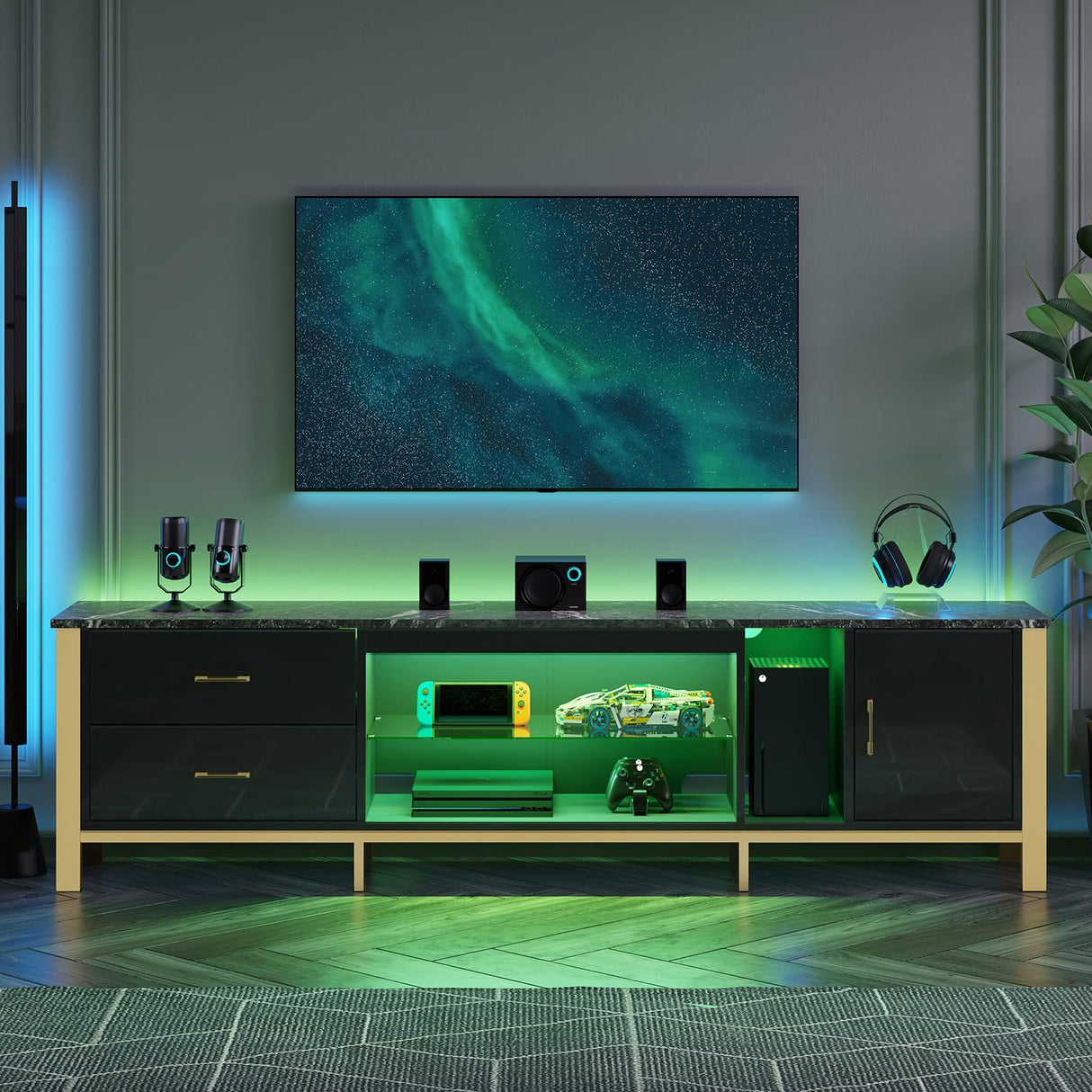Bestier TV Stand for 75/80/85/90 Inch TV, LED Gaming Entertainment Center, Modern TV Cabinet with Glass Shelves for Living Room, 2 Storage Drawers & Cabinets for Bedroom, Black Glossy Bestier