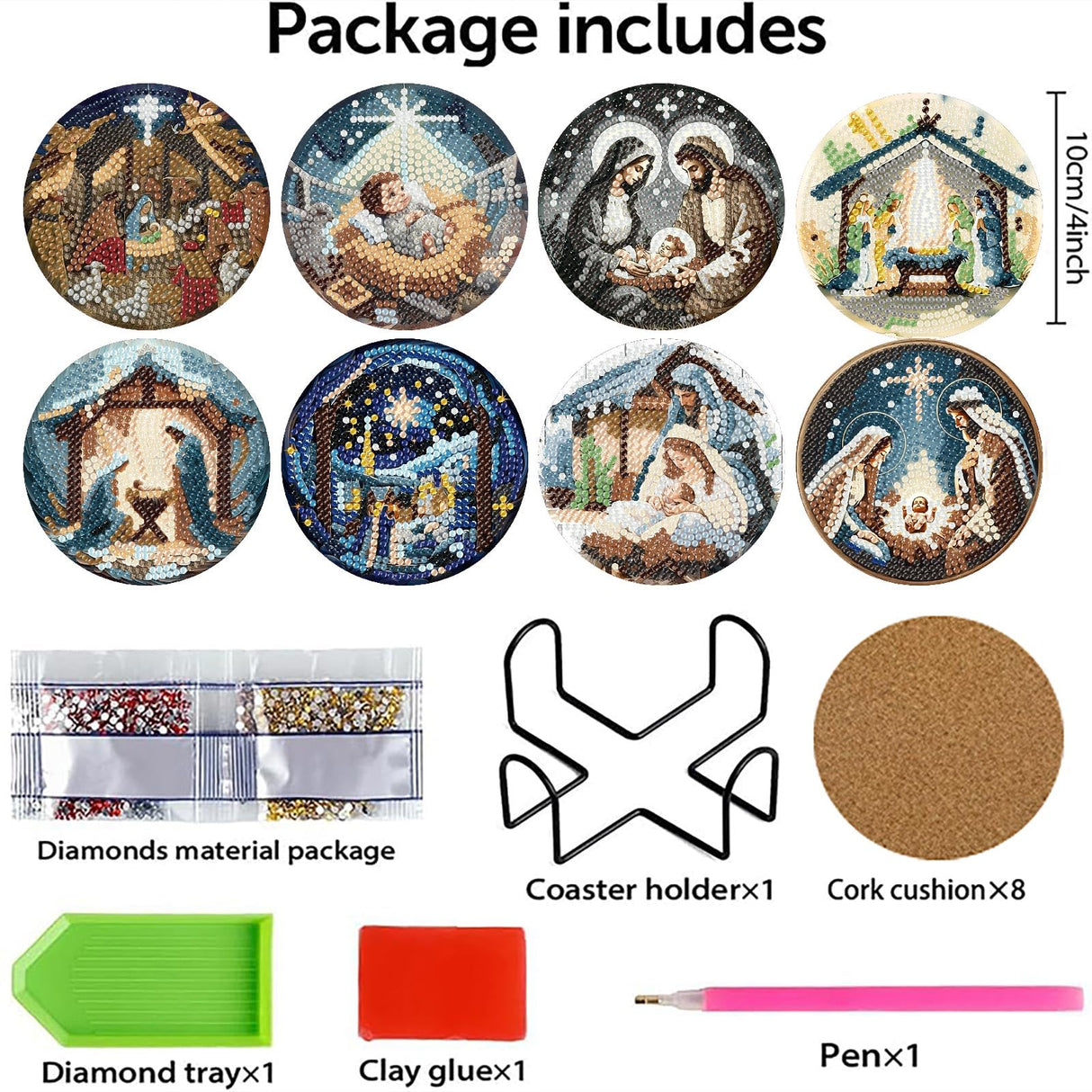 Yijingtop 8PCS Jesus Diamond Art Coasters Kits,Religion Diamond Painting Coasters with Holder,Small Diamond Art Kits for Adults,Crystal Gem Art Kits for Home Wall Decor Yijingtop