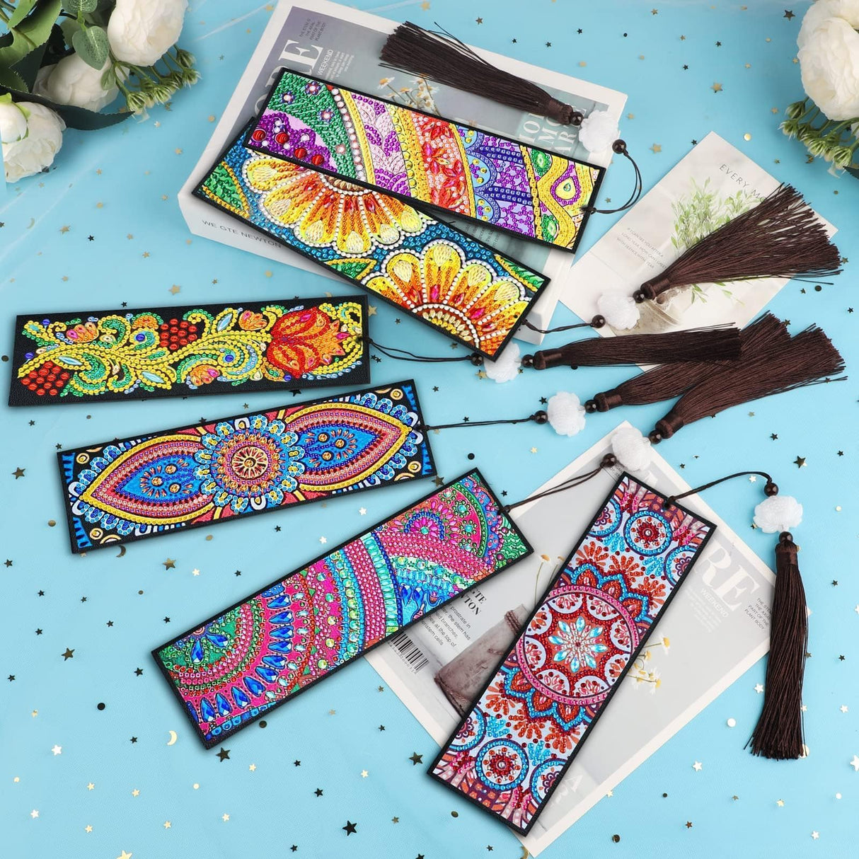 EEEKit 6 PCS Diamond Painting Bookmarks, DIY Art Bookmark Kit for Adults, Floral Tassel Leather Page Bookmark for Book Lovers, Christmas Gifts EEEKit