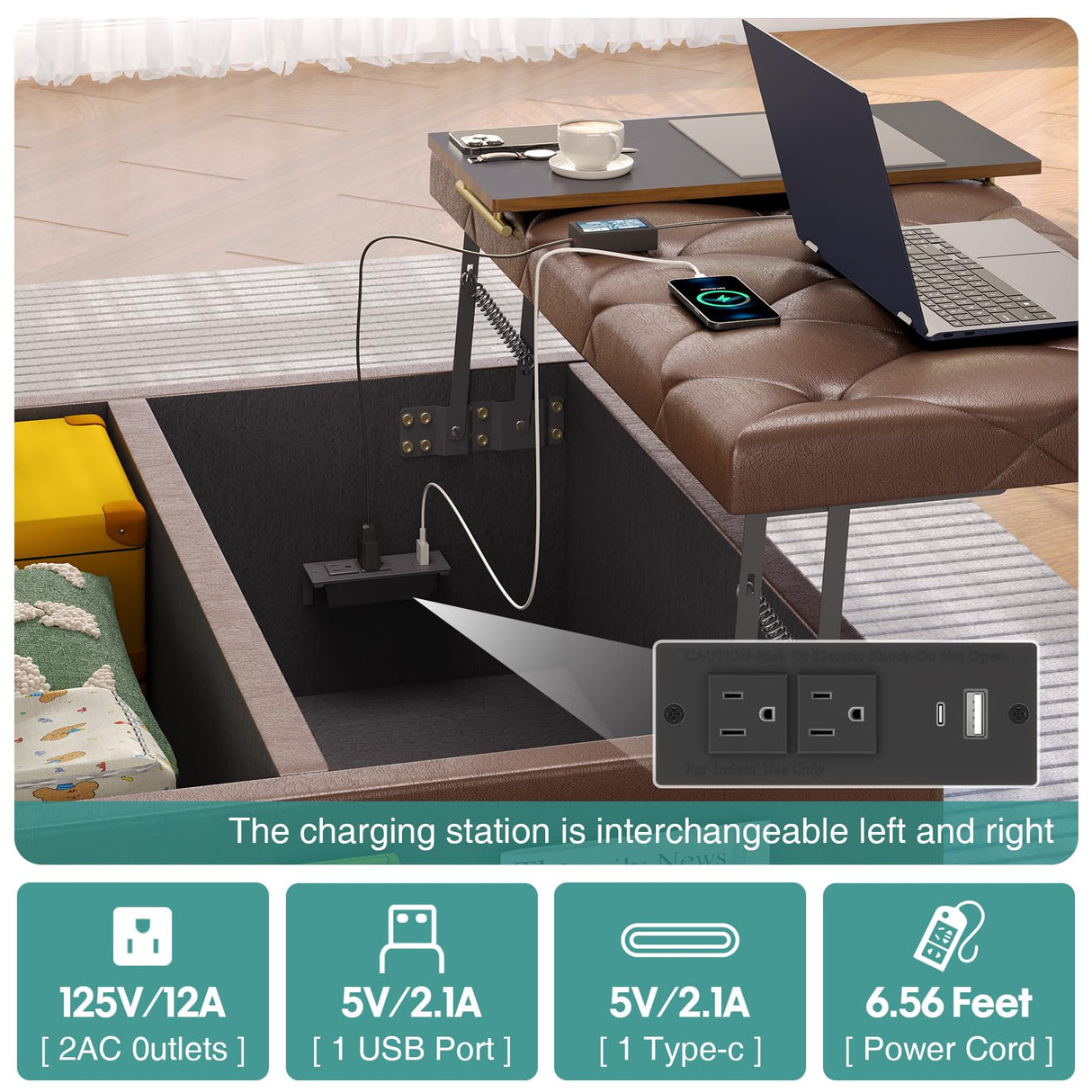 busyaeh Storage Ottoman Coffee Table,Square Ottoman Bench with Charging Station and LED Lights,Velvet Buttons Large Ottoman with Storage with Lift Top&Solid Wood Legs for Living Room Bedroom (Brown) busyaeh