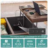 busyaeh Storage Ottoman Coffee Table,Square Ottoman Bench with Charging Station and LED Lights,Velvet Buttons Large Ottoman with Storage with Lift Top&Solid Wood Legs for Living Room Bedroom (Brown) busyaeh