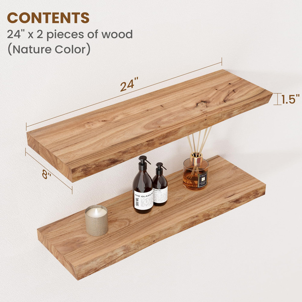 FLYJOE Floating Shelves for Wall Decor, Rustic Solid Elm Wood Floating Shelves Wall Mounted, Wall Shelves with Invisible Bracket for Living Room Bedroom Kitchen, 24 Inch Set of 2, Natural FLYJOE