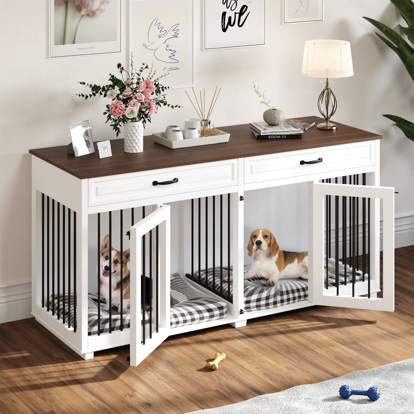 PIAOMTIEE Large Dog Crate Furniture, 64.6" Wooden Dog Crate Kennel with 2 Drawers and Divider, L Heavy Duty Dog Crates Cage Furniture for Medium Dog or 2 Small Dogs Indoor - WoodArtSupply