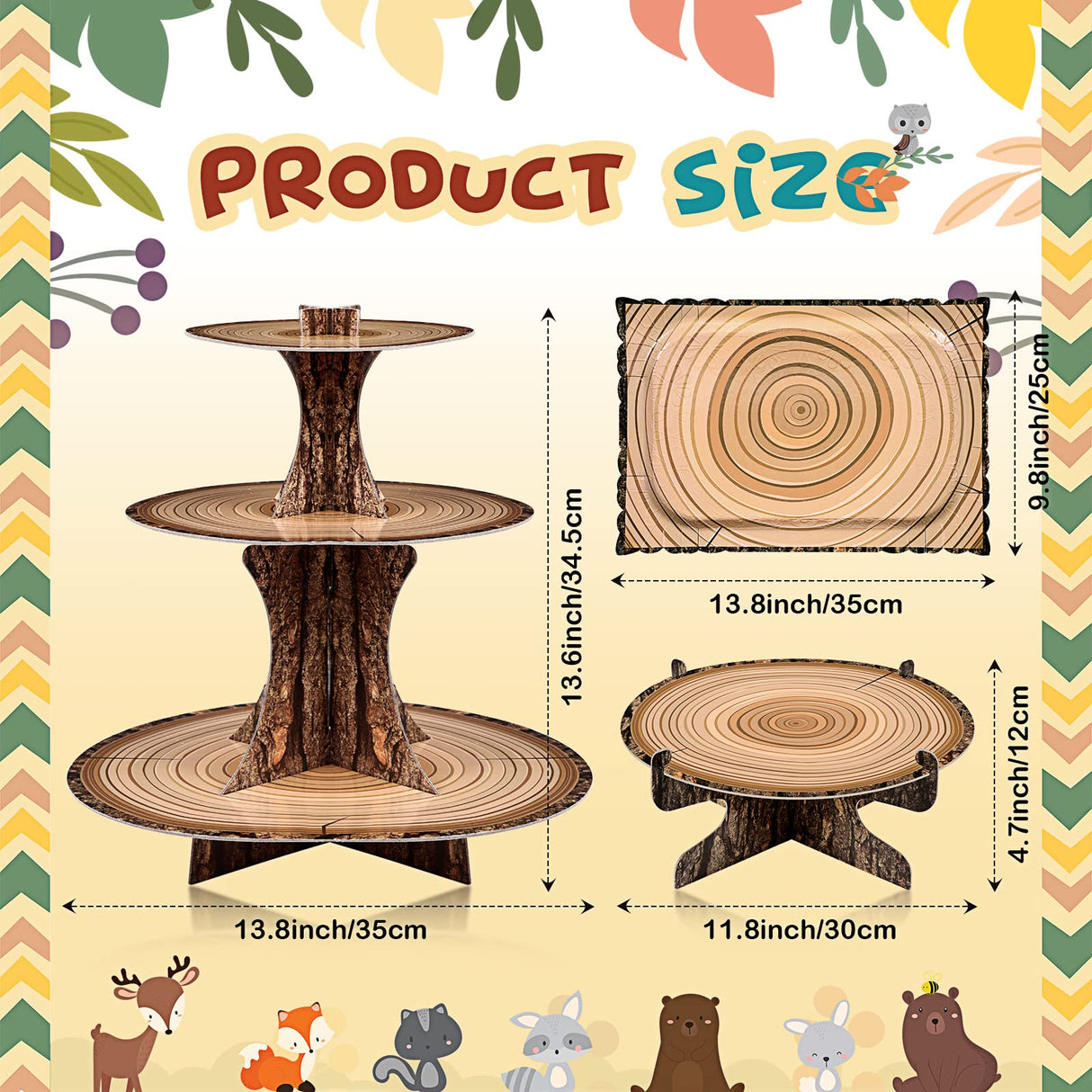 7 Pieces Woodland Cupcake Stand Set Includes 2 Wooden Cupcake Stand 1 Rustic Cake 4 Rectangle Serving Tray for Woodland Western Forest Camping Hunting Baby Shower Birthday Decorations(Woodland) Sawysine