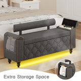 51" Ottoman with Storage, Storage Ottoman Bench with Upholstered Backrest, Tufted Entryway Bench with Curved Arm Support, End of Bed Bench with LED Lights,Storage Bench for Bedroom,Living Room,Grey Tagafi