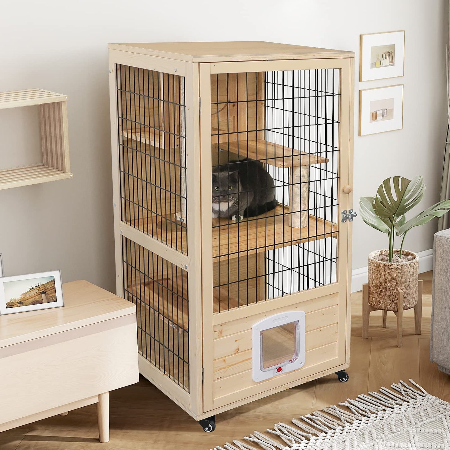 PANTAZO Wooden Cat House Large Space Cat Cage with Scratching Post and Lockable Wheels Double Layer Cat House with Escape Door Outdoor/Indoor (Medium) - WoodArtSupply