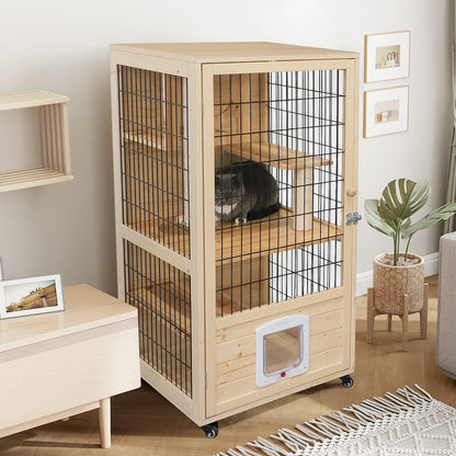 PANTAZO Wooden Cat House Large Space Cat Cage with Scratching Post and Lockable Wheels Double Layer Cat House with Escape Door Outdoor/Indoor (Medium) - WoodArtSupply