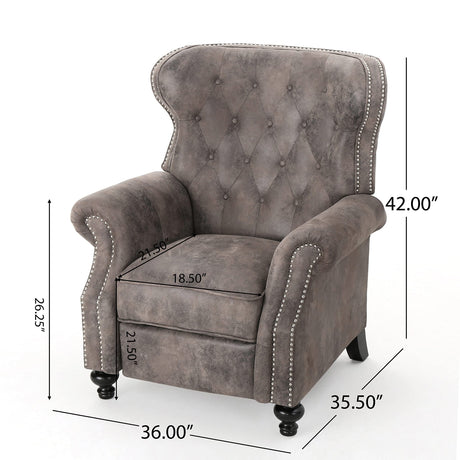 Mid Century Wingback Recliner, Fabric Push Back Recliner Chair Single Rolled Armchair Sofa with Rivet Decoration, Accent Chairs with Stable Hump Feet for Living Room (Brown Gray) Xinmviec
