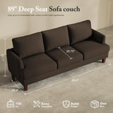 Busaurus 3 Seater Sofa Couch with Deep Seats, 89" Mid Century Modern Upholstered Sofa with Armrests, Comfy Couches for Living Room, Bedroom, Apartment and Office (Brown) Busaurus