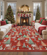 GarveeHome Red 8x10 Christmas Rug Living Room Rug Non Slip Washable Stain Resistant 8x10 Washable Rugs Christmas Tree Snow Print Low Pile Soft Holiday Decor Carpet for Bedroom Laundry Room GarveeHome
