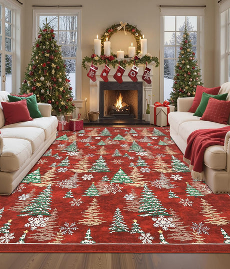 GarveeHome Red 8x10 Christmas Rug Living Room Rug Non Slip Washable Stain Resistant 8x10 Washable Rugs Christmas Tree Snow Print Low Pile Soft Holiday Decor Carpet for Bedroom Laundry Room GarveeHome