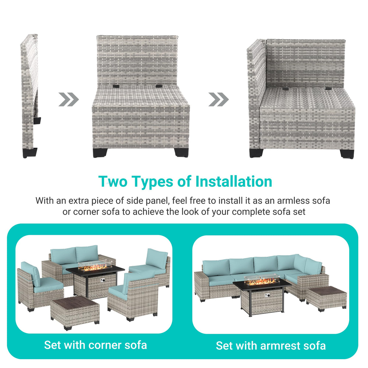 Muphyers 10-Piece Outdoor Patio Furniture Set with Rocking Swivel Chair, PE Wicker Rattan Sectional Sofa Patio Conversation Set with 55,000 BTU Fire Pit Table & Coffee Table, Light Blue Muphyers