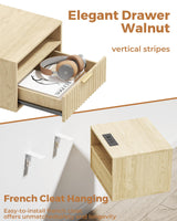 Floating Nightstand Set of 2 - Fluted Night Stand with Charging Station Wood Wall Mounted Nightstand with Drawer & Open Shelf, Modern Bedside Table Large End Table for Bedroom Closet DEMEGA