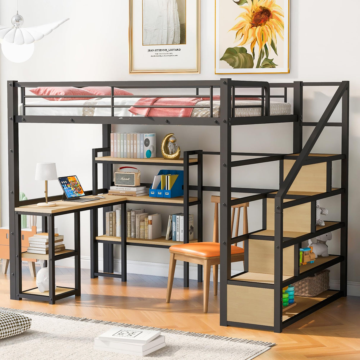 Bellemave Full Size Metal Loft Bed with Desk, Stairs, and Storage in Black Bellemave
