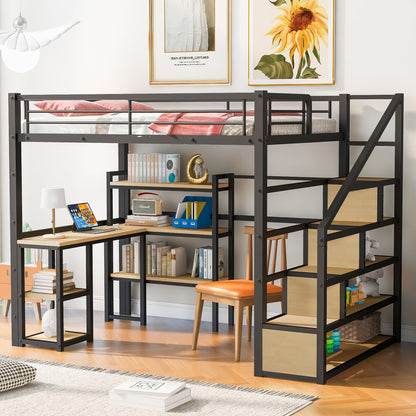 Bellemave Full Size Metal Loft Bed with Desk, Stairs, and Storage in Black - WoodArtSupply