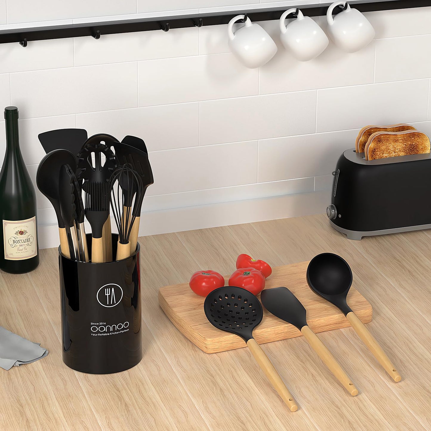 Silicone Cooking Utensils Set Utensil Sets - 446°F Heat Resistant Silicone Kitchen Utensils Set Wooden Handles, Silicone Utensils for Cooking w Holder for Non-Stick Cookware BPA FREE (Black)