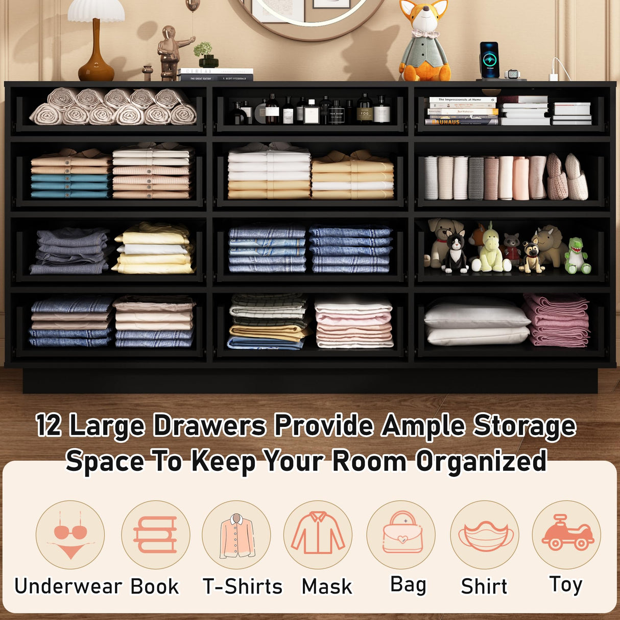 chartustriable Black 12 Drawers Dresser w/Power Outlet,60000-Colors Lights,63In Long Dresser Chest for Bedroom,Wooden Tall Large Capacity Clothing Storage Cabinet for Living Room,Entryway,Hallway chartustriable