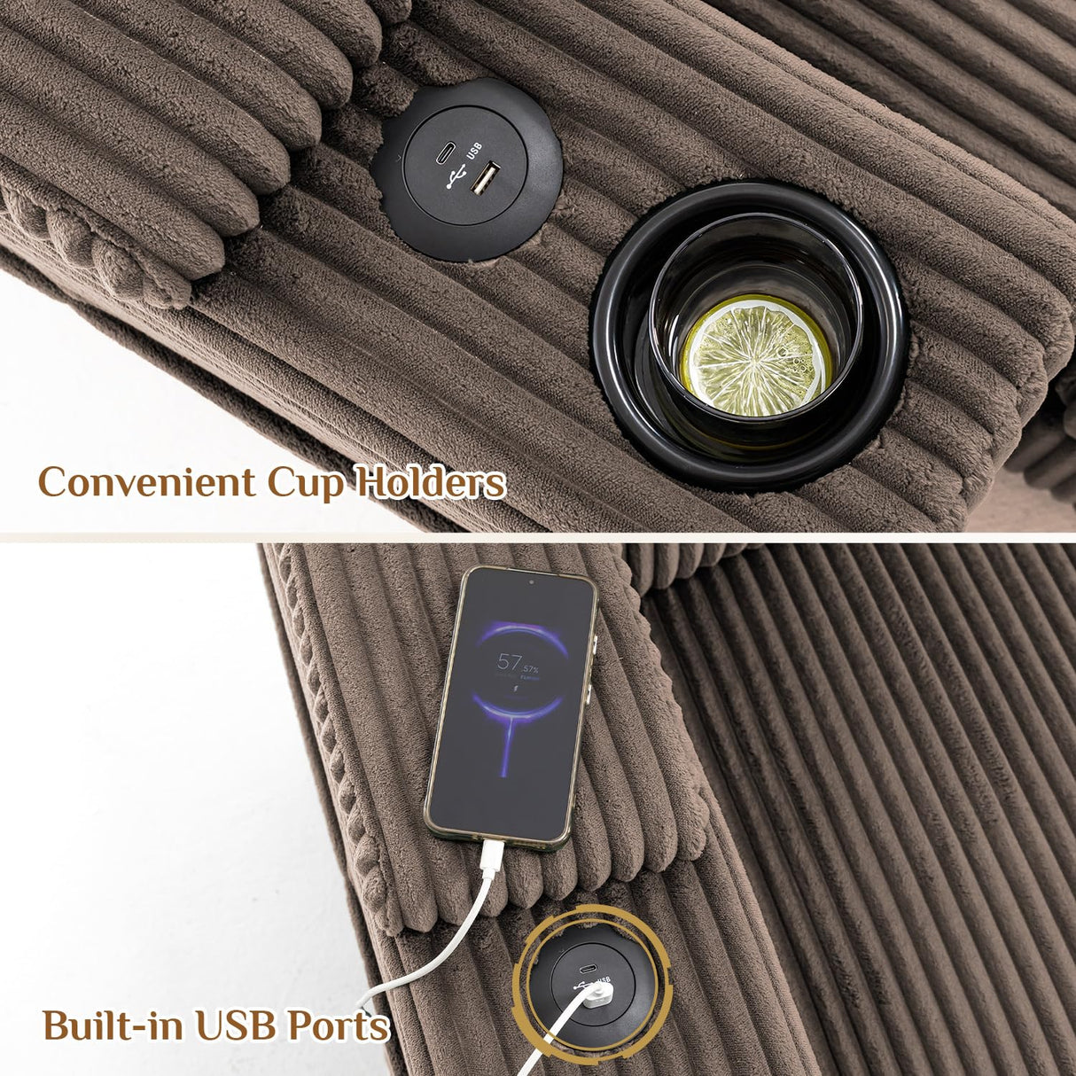 110" Oversized Cloud Couch U Shaped Modular Sectional Sofa L Shaped Sectional Couches for Living Room Comfy Corduroy Cloud Sofa with Ottoman, USB Port, Cup Holder, Armrest Storage, Side Pocket, Brown ONEMMLION