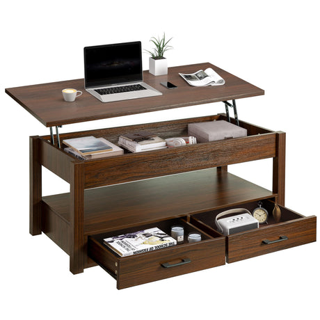 FABATO 41.7'' Coffee Table, Lift Top Coffee Table with Storage Drawers and Hidden Compartment, Retro Central Table with Wooden Lift Tabletop for Living Room, Espresso FABATO
