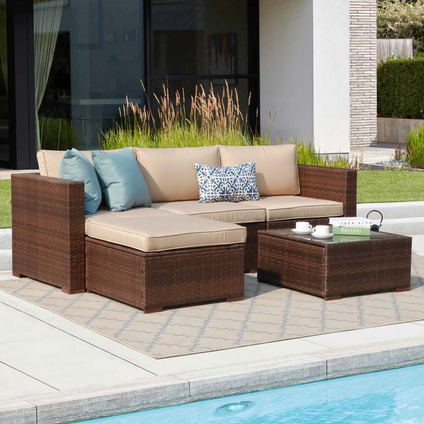 Patiorama 5 Piece Outdoor Patio Furniture Set, Outdoor Sectional Conversation Set, All-Weather Brown PE Wicker w/Beige Cushions, Outdoor Backyard Porch Garden Poolside Balcony Furniture Set