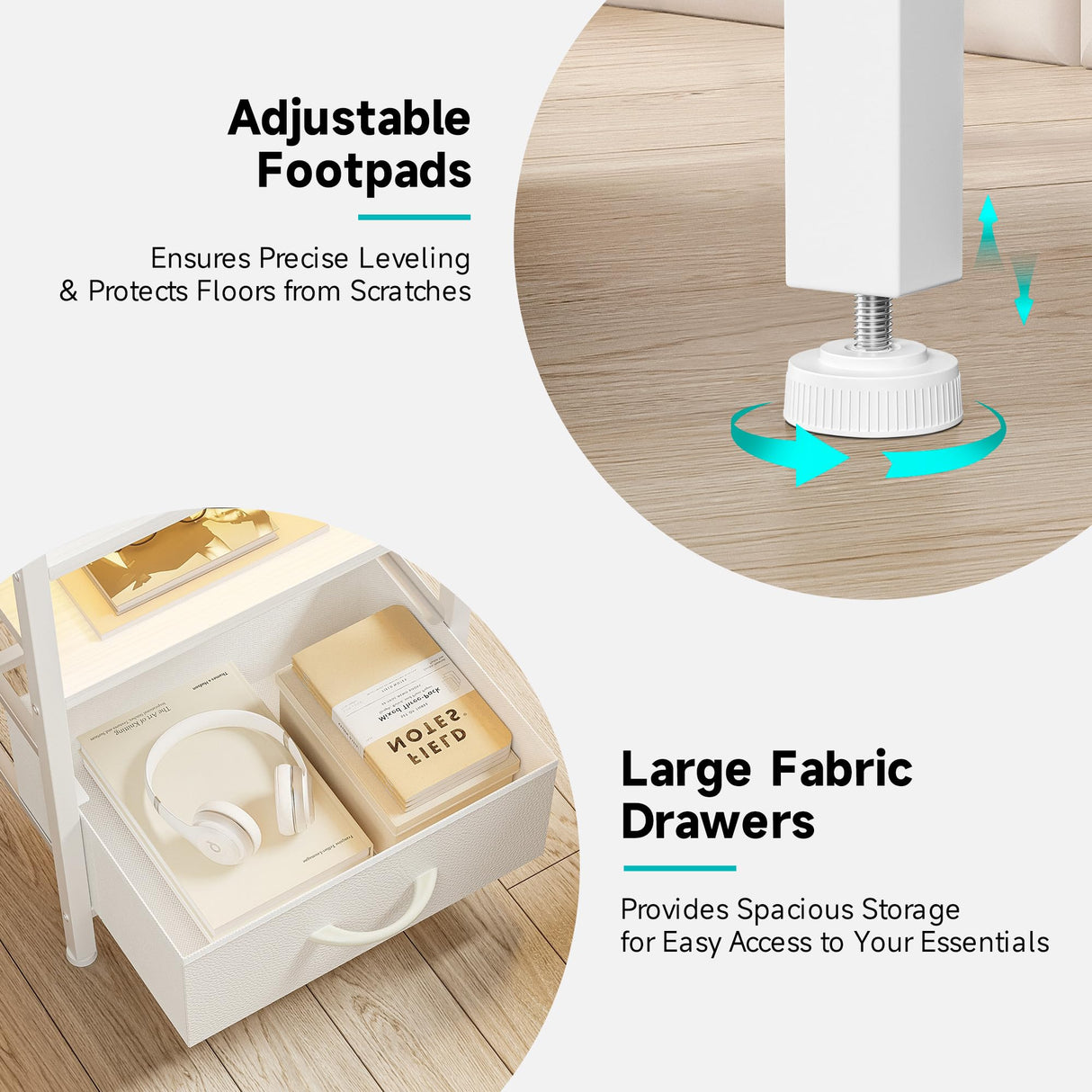 Night Stand Bedside Table Bedroom - Nightstand with Charging Station & LED Light Strip, Bed Side Table with Storage Shelf & 2 Fabric Drawers, Morden White End Table with U-S-B Ports & AC Outlets Lazzanto