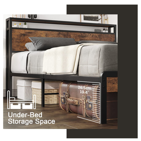 LIKIMIO King Size Platform Bed Frame with 2-Tier Storage Headboard in Vintage Brown LIKIMIO