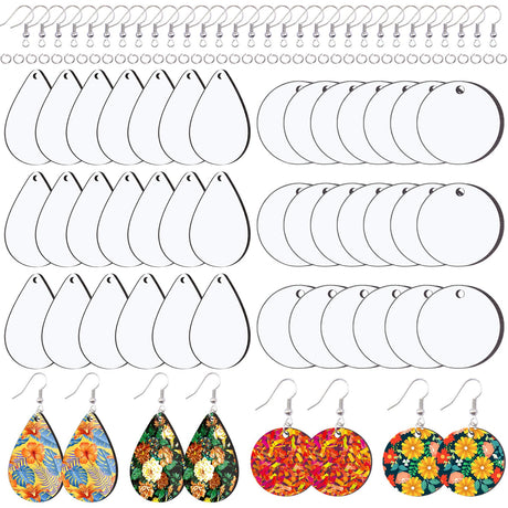 Duufin 120 Pcs Sublimation Earring Blanks with Earring Hooks and Jump Rings Heat Transfer Earring Blank Unfinished MDF Round & Teardrop Earring Blank for Christmas Valentine Halloween Women DIY Duufin