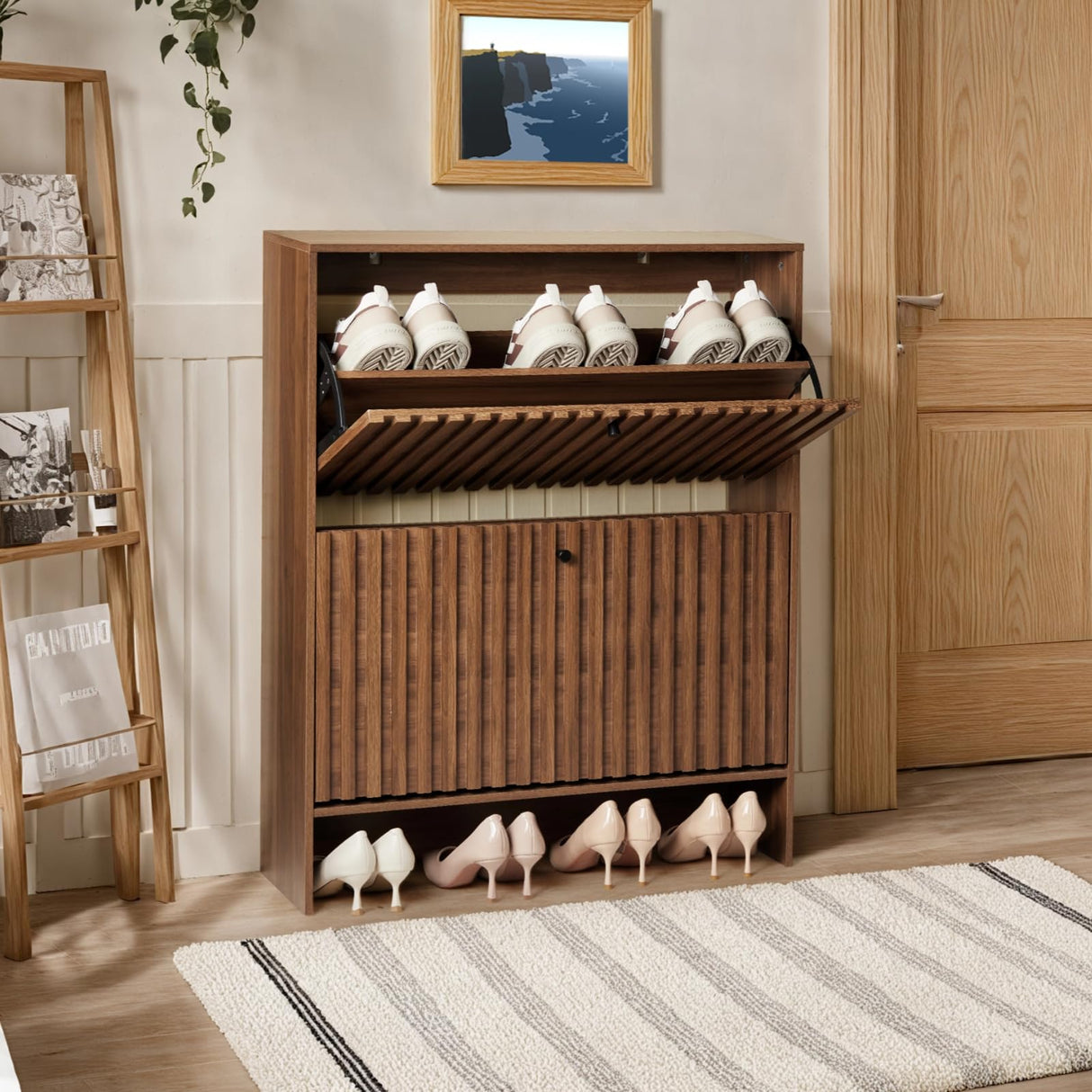 BVXBVX 31.5''W Walnut Shoe Storage Cabinet for Entryway with 2 Flip Drawers, Fluted Slim Shoe Cabinet, Free Standing Wooden Shoes Organizer for Foyer, Hallway BVXBVX