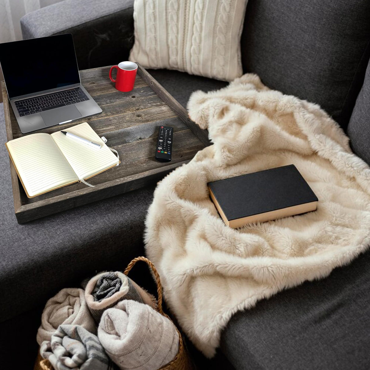 Barnwood USA Extra Large Ottoman Tray with Anti Scratch Felt Pad - Rustic Reclaimed Wood Square Ottoman Trays - Perfect for Ottomans, Coffee Tables, and Office Desks - 24"x24" - Natural Weathered Gray BarnwoodUSA LLC