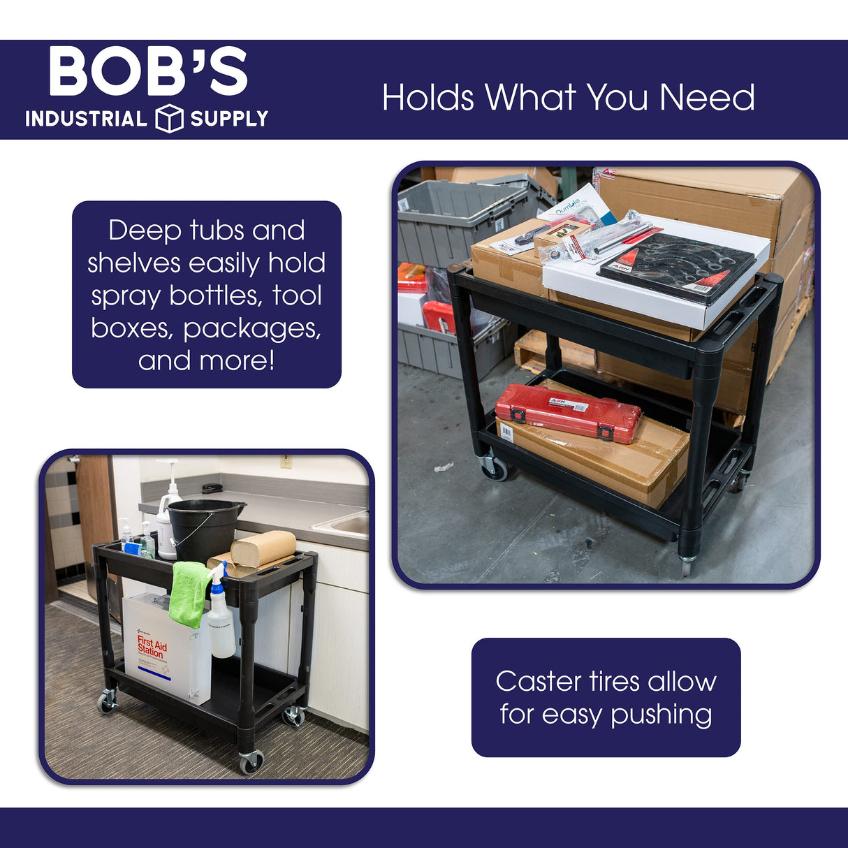 BISupply Plastic Utility Cart on Wheels 1 Pack - 2 Shelf Rolling Commercial Work Cart for Garage, Restaurant, or Classroom BISupply