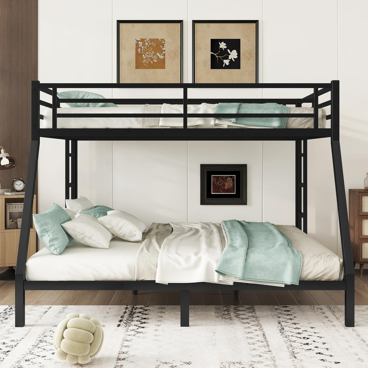 YOPTO Queen Over King Metal Bunk Bed with 2 Side Ladders & Full-Length Guardrail,Reinforced Frame Bunkbeds W/ 24 Metal Slats Supports & Thicker Legs,Space-Saving,Noise Free,for Teens,Dormitory,Black YOPTO
