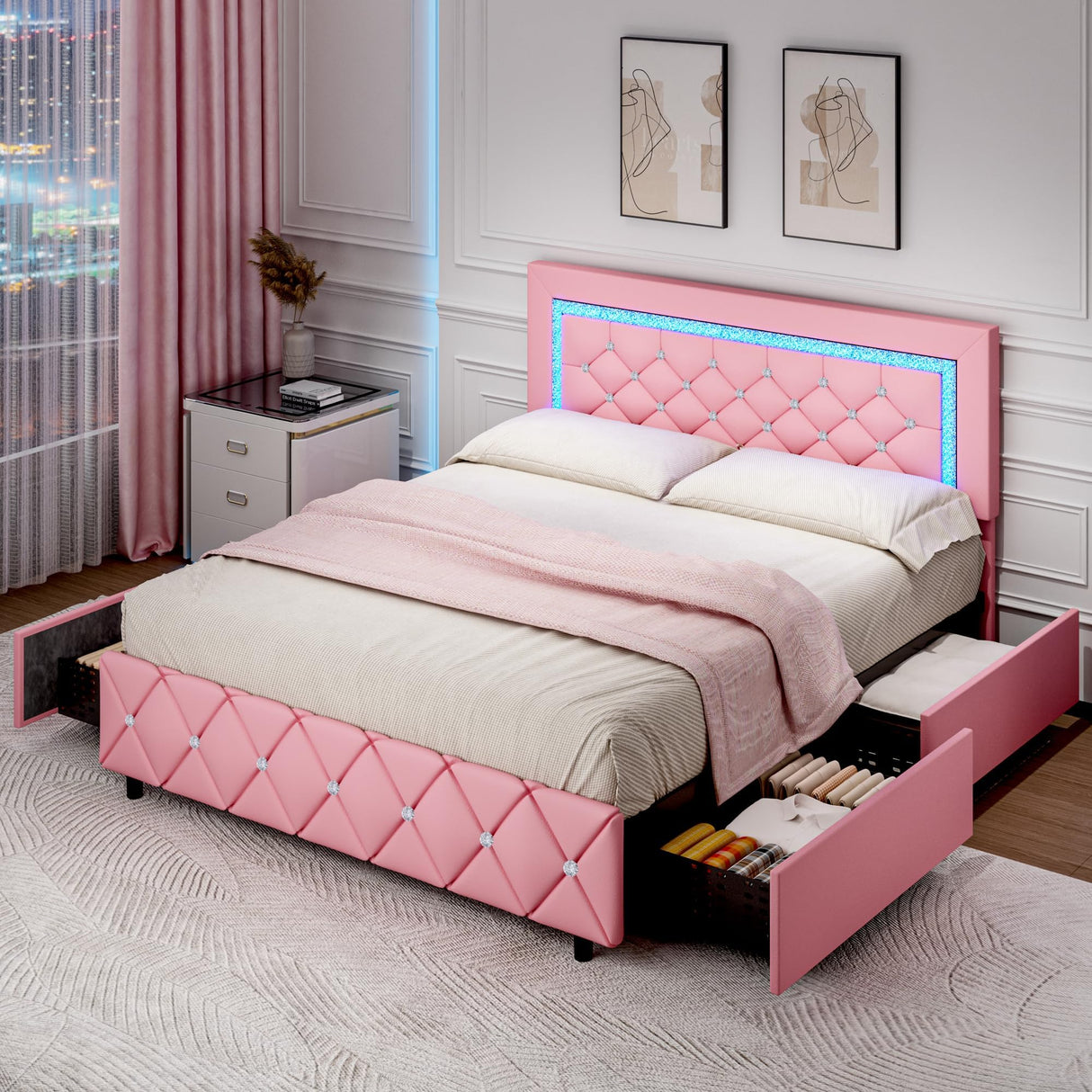 Queen Size Bed Frame with LED Lights, Upholstered Platform Bed with Storage Drawers, Princess Bed with Diamond Headboard and Footboard, No Box Spring Needed, Easy Assembly, Pink BarnFurin