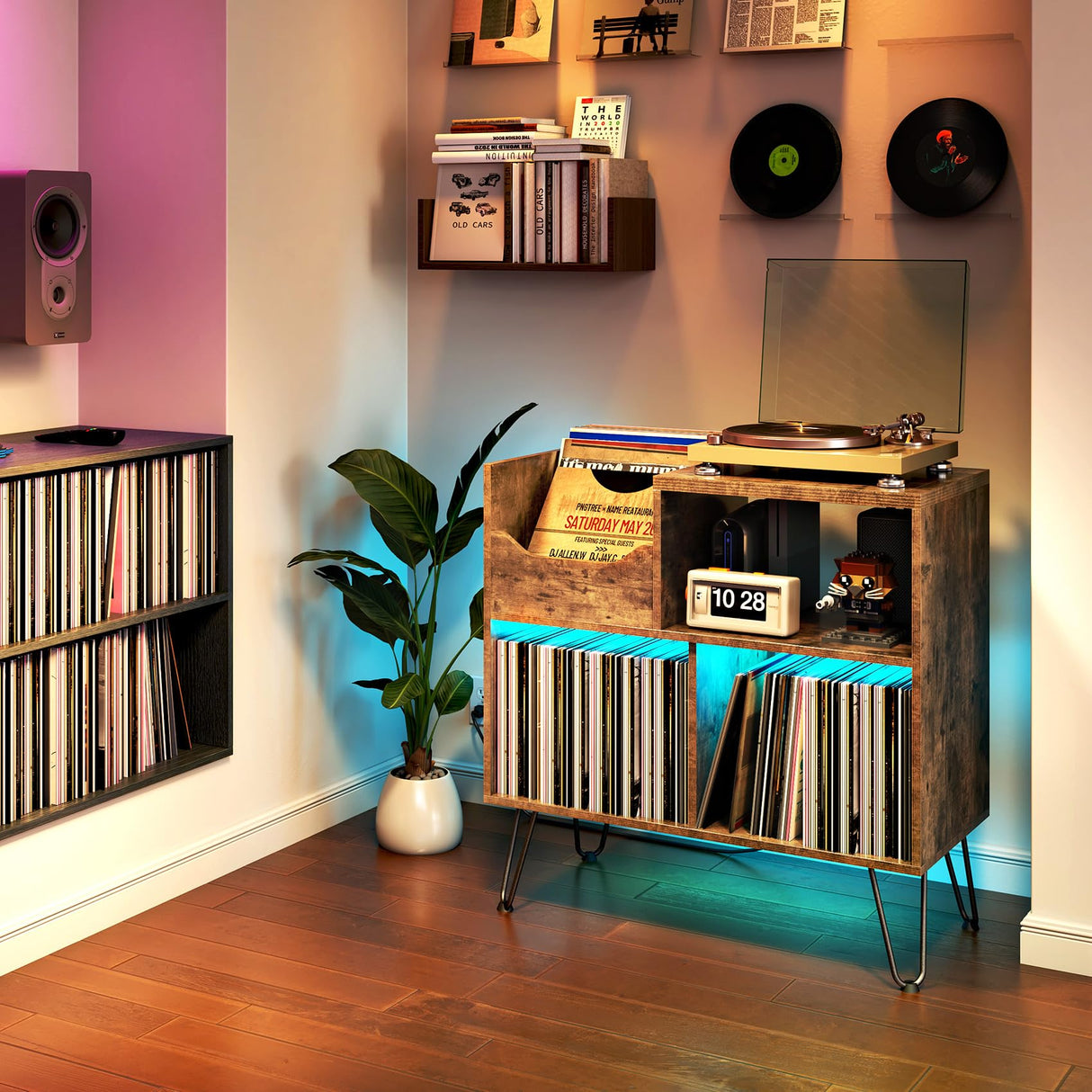 TC-HOMENY Record Player Stand with Vibration-Isolated Turntable Design, Vinyl Record Storage Table with Charging Station, Mid-Century Modern Turntable Stand TC-HOMENY