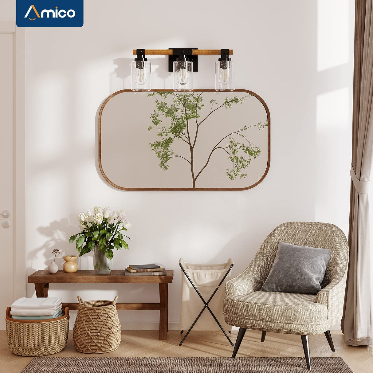 Amico 3-Light Farmhouse Vanity Light Fixture, Rustic Wood Bathroom Light Fixtures, Industrial Vintage Black Wall Sconces Light with Bubble Glass Shade for Mirror, Bedroom, Living Room, Hallway Amico