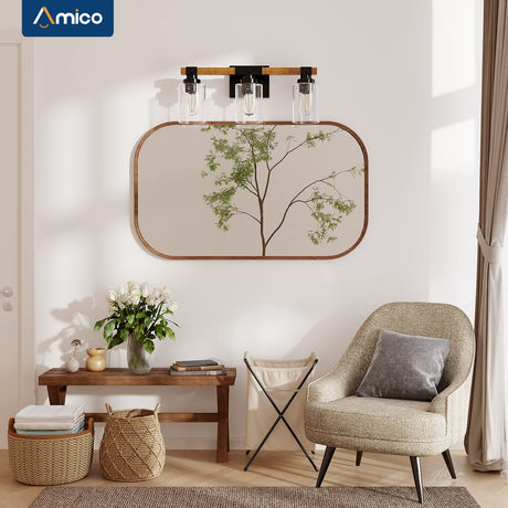 Amico 3-Light Farmhouse Vanity Light Fixture, Rustic Wood Bathroom Light Fixtures, Industrial Vintage Black Wall Sconces Light with Bubble Glass Shade for Mirror, Bedroom, Living Room, Hallway Amico