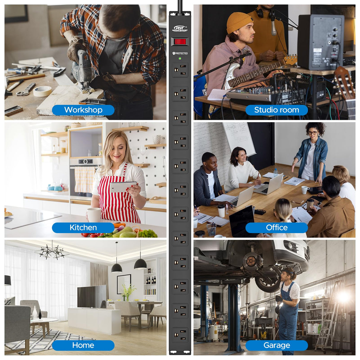 CRST 12-Outlet Long Power Strip with 15FT Cord, 2100 Joules Heavy Duty Surge Protector Mountable Power Strip, Wide Spaced Outlets for Industrial Garage Commercial(15A/1875W) CRST