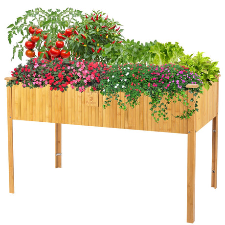 FCVEIDO Bamboo Raised Garden Beds Outdoor, Raised Garden Bed with Legs, Elevated Bamboo Planter Box, Standing Growing Bed for Growing Fresh Herbs, Vegetables, Succulents, Flowers (48x25x30 Inch) FCVEIDO