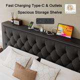 Einhomn King Size Bed Frame with 2 Storage Drawers, Metal Platform Bed with Charging Station, Upholstered Button Tufted Storage Headboard, No Box Spring Needed, Noise-Free, Easy Assembly, Black Einhomn