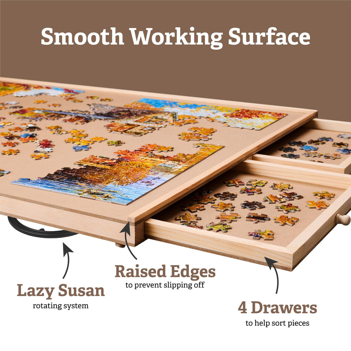 1500 Pieces Rotating Puzzle Board with 6 Storage Drawers & Protective Cover - Wooden Jigsaw Puzzle Table for 1500 Pieces - for Family Games, Home Entertainment & Puzzle Building FUNbelievable!